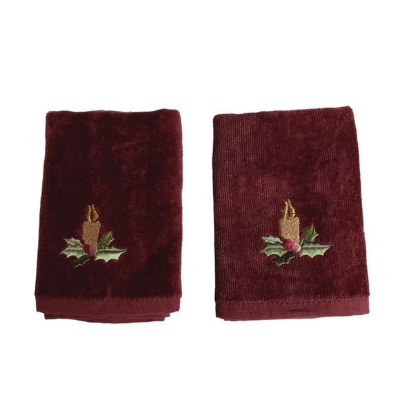 Set of 2 Holiday Washcloths Brown Candle Christmas Thanksgiving Rustic Cabin 12" - Picture 1 of 11